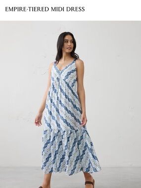 Banana Republic Blue and White Patterned Tiered Midi Dress